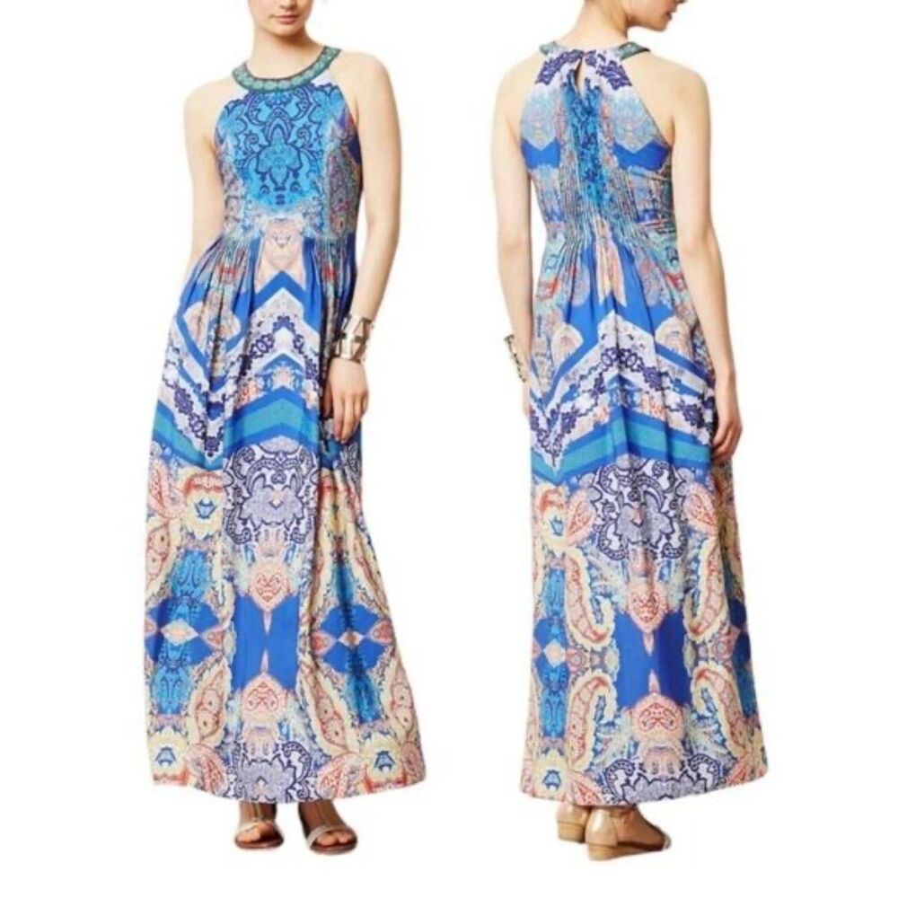 NWOT Anthropologie Ranna Gill Boteh Beaded Halter Maxi Dress Blue Sz 6 M Medium - Picture 3 of 13